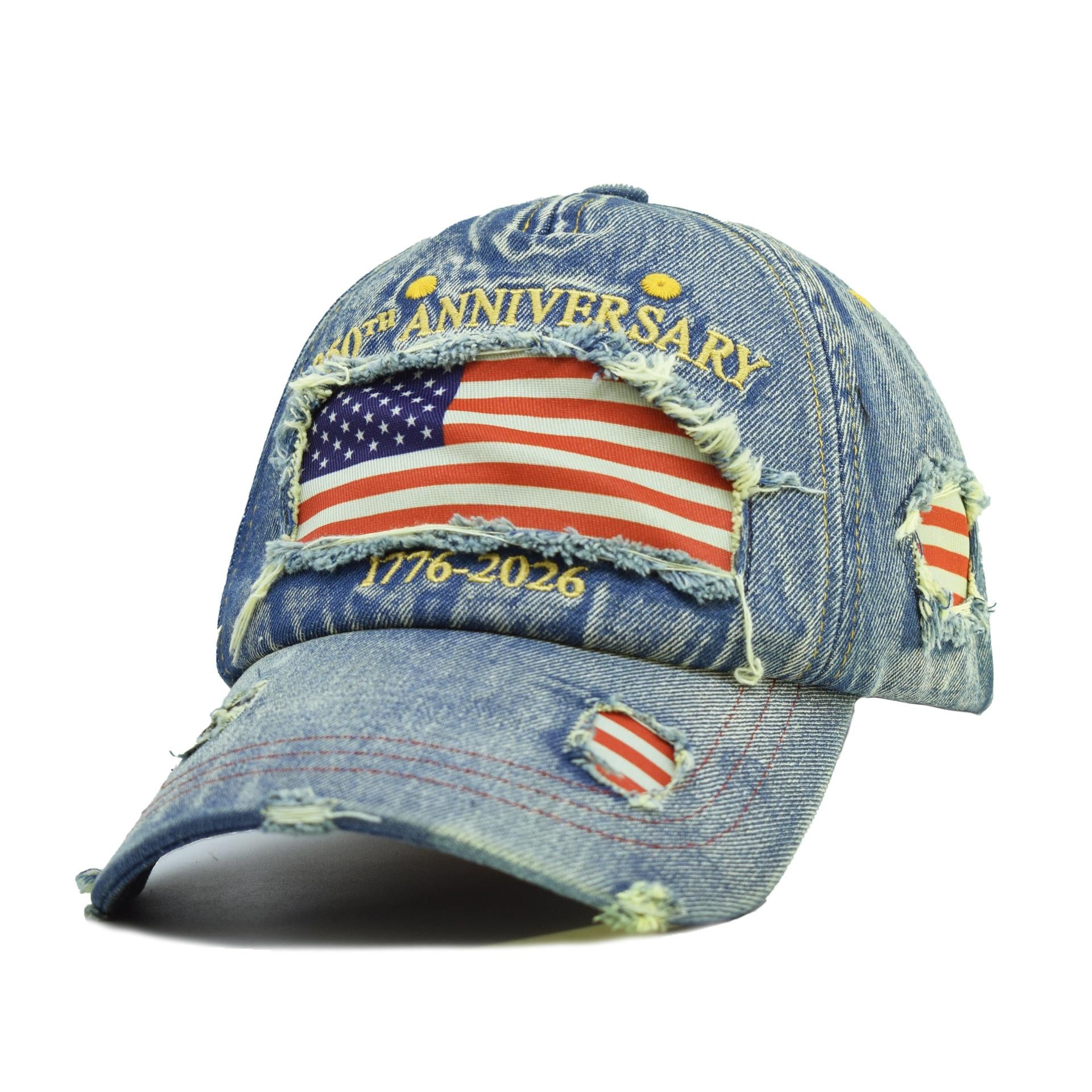 250th Anniversary USA Hat 1776-2026 Flag Vintage Washed Denim Embroidered Baseball Cap for Men Women Adjustable One-Size Fit Patriotic Design
