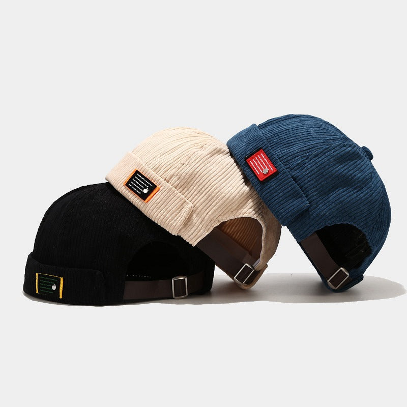 Mens Womens Corduroy Brimless Skullcap Sailor Cap Rolled Cuff Retro Beanie Hat Adjustable Foldable Lightweight Vintage Design Casual Hat