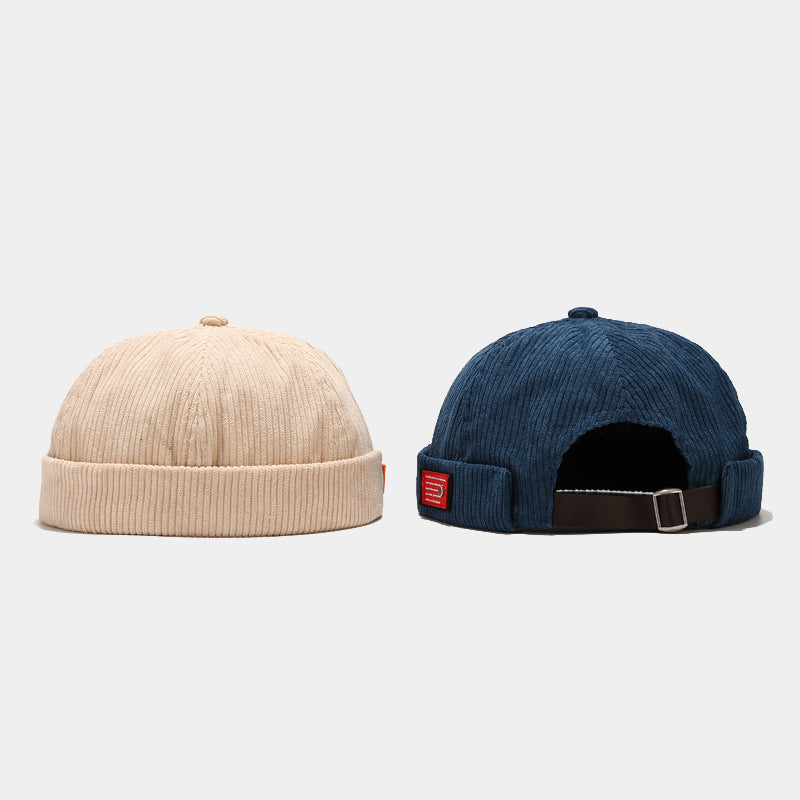 Mens Womens Corduroy Brimless Skullcap Sailor Cap Rolled Cuff Retro Beanie Hat Adjustable Foldable Lightweight Vintage Design Casual Hat