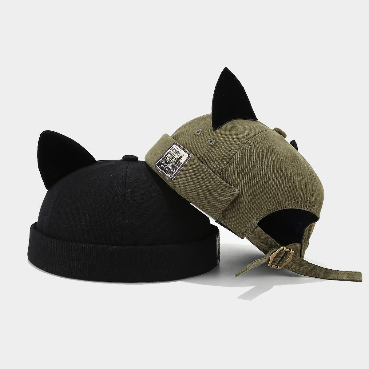 Women's Cat Ear Brimless Docker Bucket Hat, Hats for Women, Adjustable Strap, Breathable Cotton Blend, Unisex Casual Lettered, Trendy Hipster Style, Machine Washable