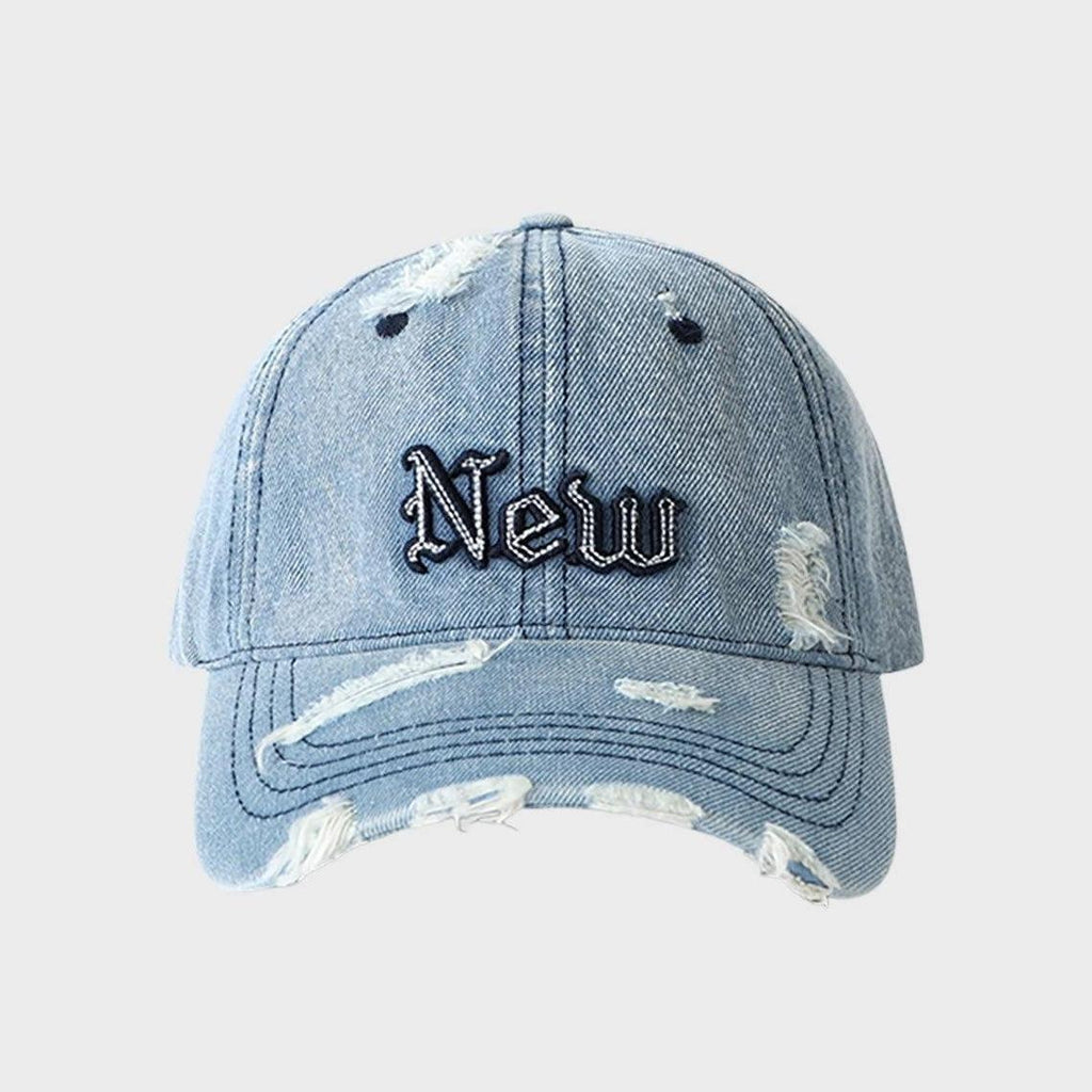 Retro distressed denim baseball cap for men and women — vintage ripped washed cotton trucker hat with “New” embroidery, adjustable casual summer sun hat