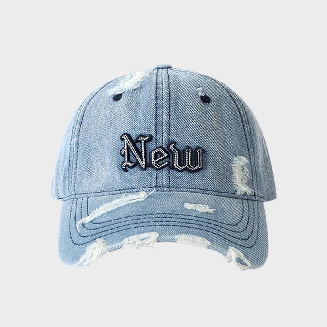 Retro distressed denim baseball cap for men and women — vintage ripped washed cotton trucker hat with “New” embroidery, adjustable casual summer sun hat