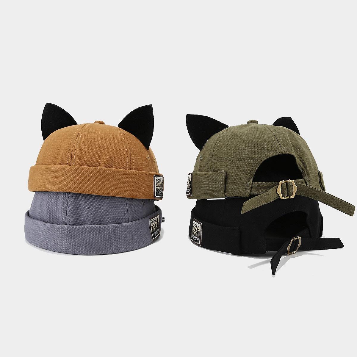 Women's Cat Ear Brimless Docker Bucket Hat, Hats for Women, Adjustable Strap, Breathable Cotton Blend, Unisex Casual Lettered, Trendy Hipster Style, Machine Washable