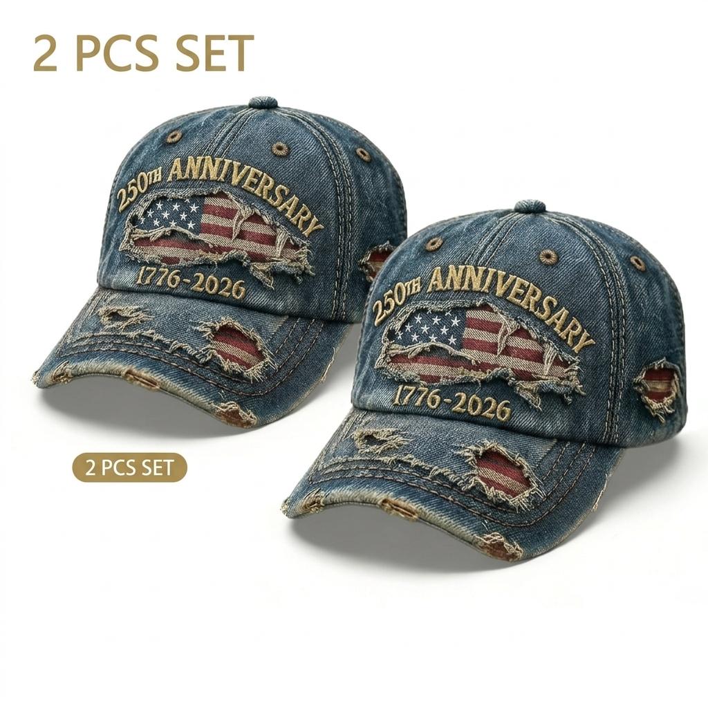 250th Anniversary USA Hat 1776-2026 Flag Vintage Washed Denim Embroidered Baseball Cap for Men Women Adjustable One-Size Fit Patriotic Design