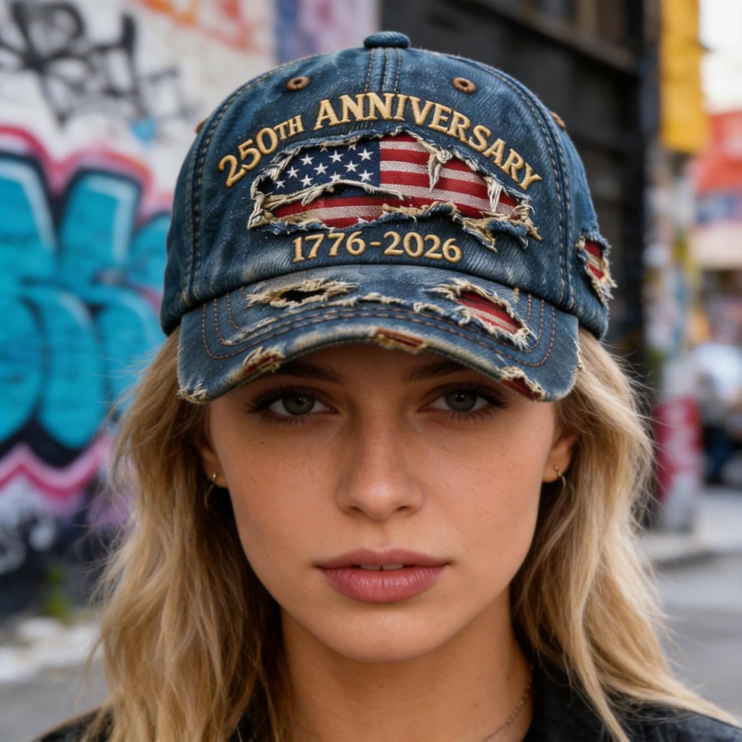 250th Anniversary USA Hat 1776-2026 Flag Vintage Washed Denim Embroidered Baseball Cap for Men Women Adjustable One-Size Fit Patriotic Design
