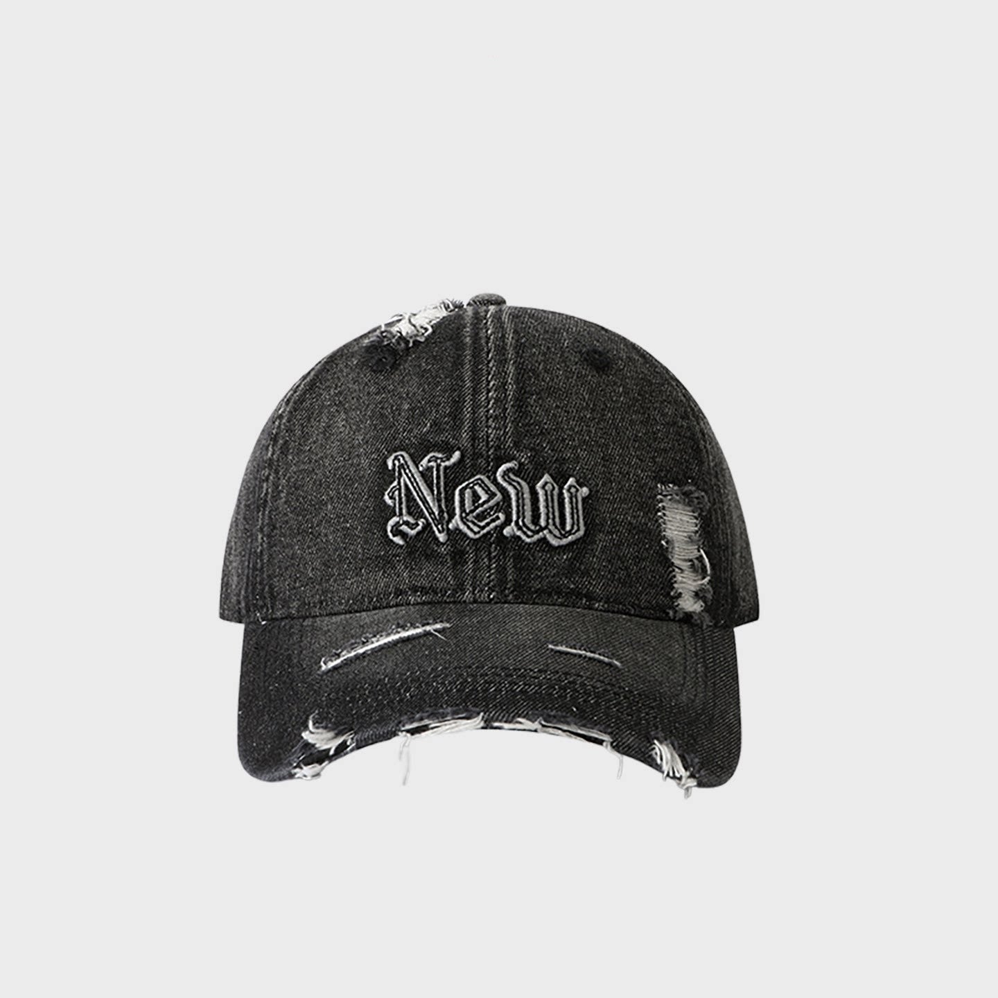 Retro distressed denim baseball cap for men and women — vintage ripped washed cotton trucker hat with “New” embroidery, adjustable casual summer sun hat