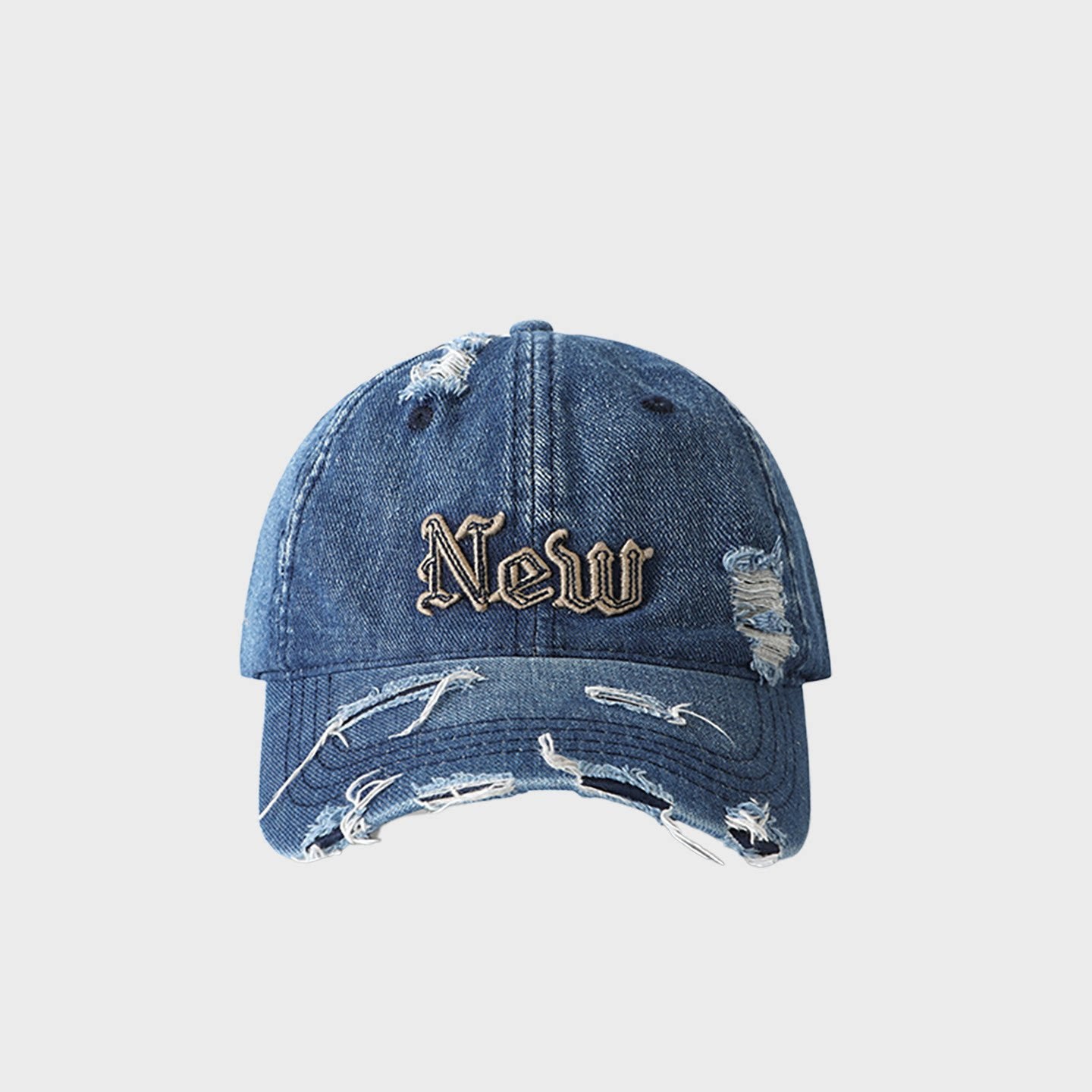 Retro distressed denim baseball cap for men and women — vintage ripped washed cotton trucker hat with “New” embroidery, adjustable casual summer sun hat