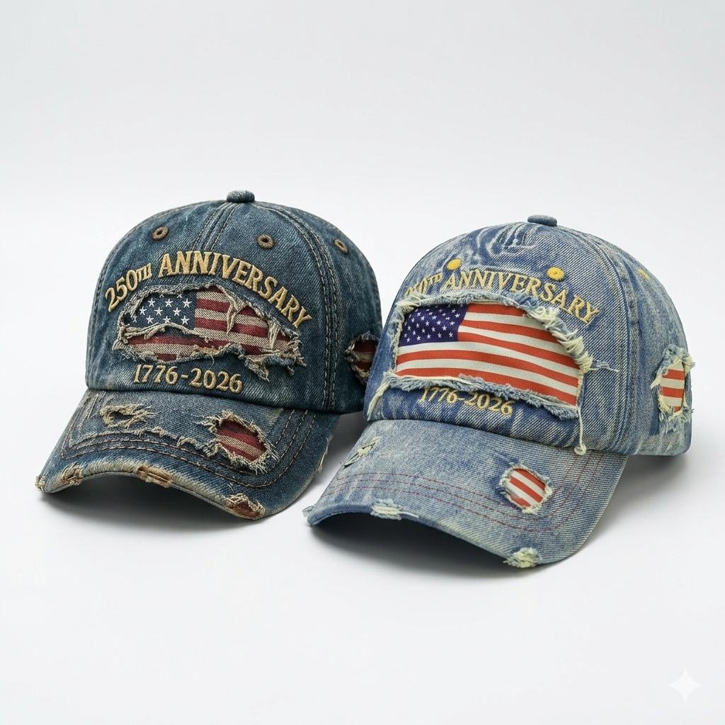 250th Anniversary USA Hat 1776-2026 Flag Vintage Washed Denim Embroidered Baseball Cap for Men Women Adjustable One-Size Fit Patriotic Design