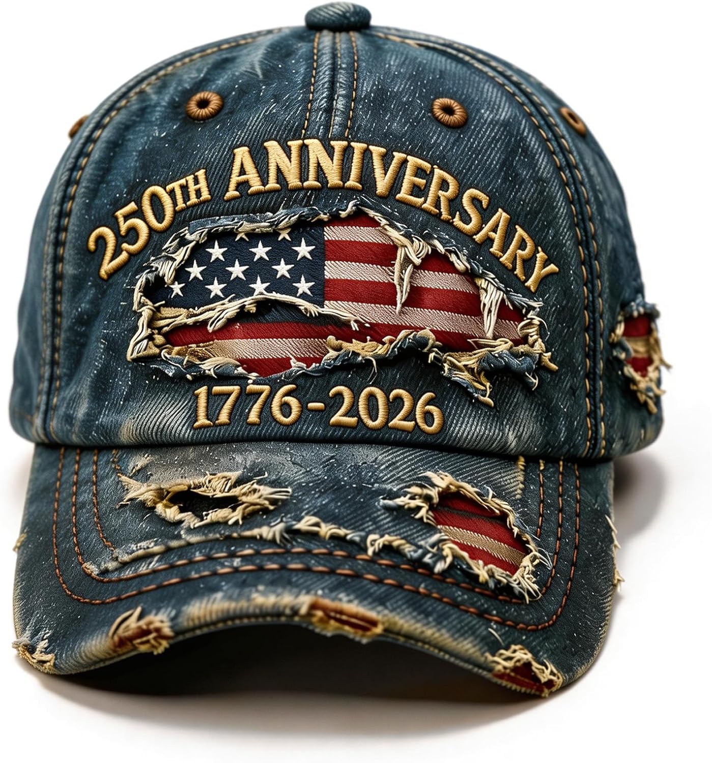 250th Anniversary USA Hat 1776-2026 Flag Vintage Washed Denim Embroidered Baseball Cap for Men Women Adjustable One-Size Fit Patriotic Design